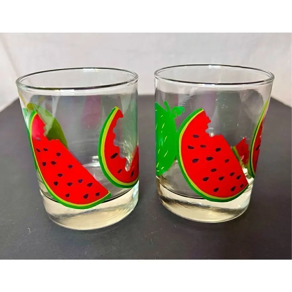 2 Vintage Watermelon Glasses, Lowballs, Cocktail Glasses EVC